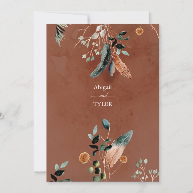 Romantic Rustic Feather & Vintage Floral Invitation (Front)