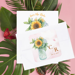 Romantic Rustic Floral Monogram Sunflower Wedding Square Sticker
