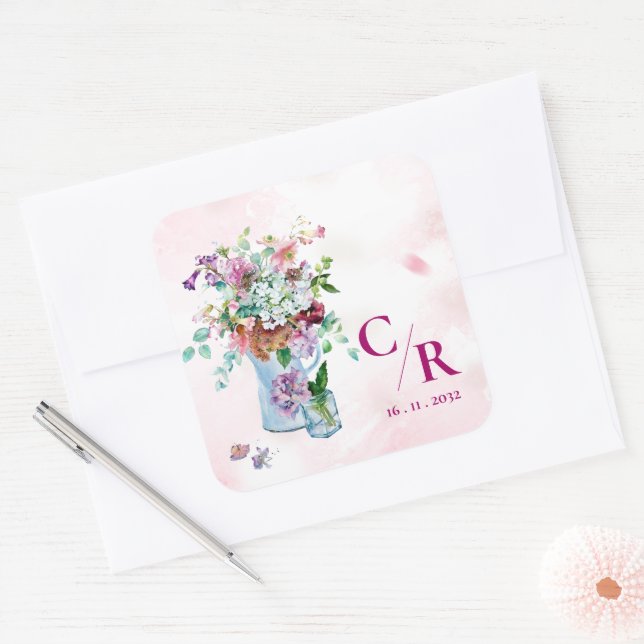 Romantic Rustic Floral Monogram Wildflower Wedding Square Sticker (Envelope)