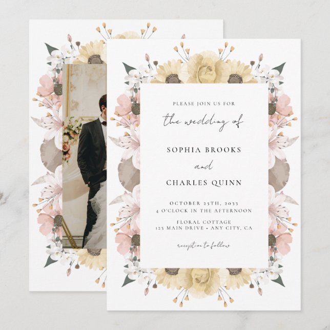 Romantic Rustic Floral Neutral Photo Wedding Invitation (Front/Back)