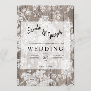 Romantic rustic flower wood wedding invitation