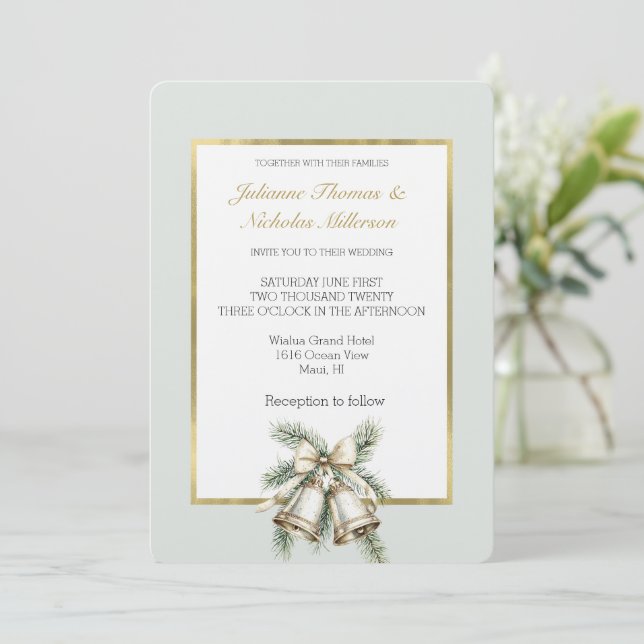 Romantic Rustic Green White Gold Bells Bow Wedding Invitation (Standing Front)