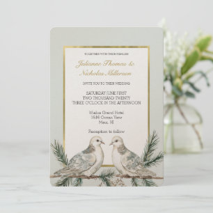 Romantic Rustic Green White Gold Birds Wedding Invitation