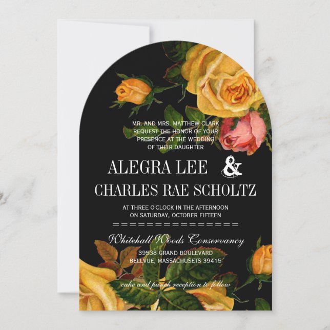 Romantic Rustic Heirloom Roses on Black Invitation (Front)