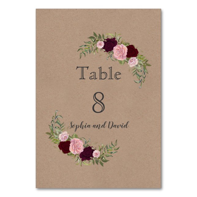 Romantic Rustic Marsala Floral Table Number (Front)
