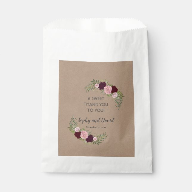 Romantic, Rustic Marsala Floral Wedding THANK YOU Favour Bags (Front)