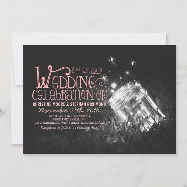 Romantic rustic mason jar & fireflies wedding invitation (Front)