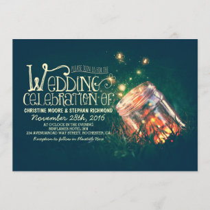 Romantic rustic mason jar & fireflies wedding invitation