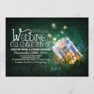 Romantic rustic mason jar & fireflies wedding invitation