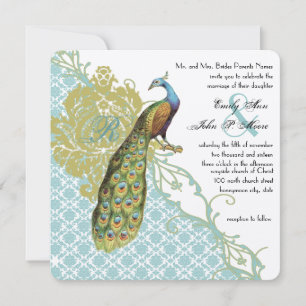Romantic Rustic Mint Peacock Damask Wedding Invitation