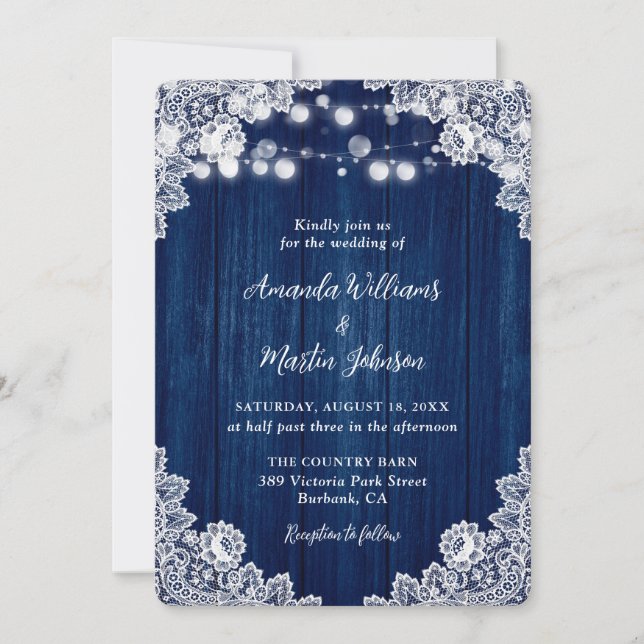 Romantic Rustic Navy Blue Wood Lace Wedding Invitation (Front)