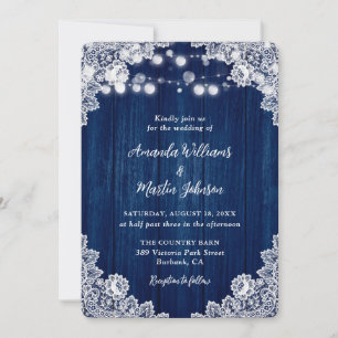 Romantic Rustic Navy Blue Wood Lace Wedding Invitation