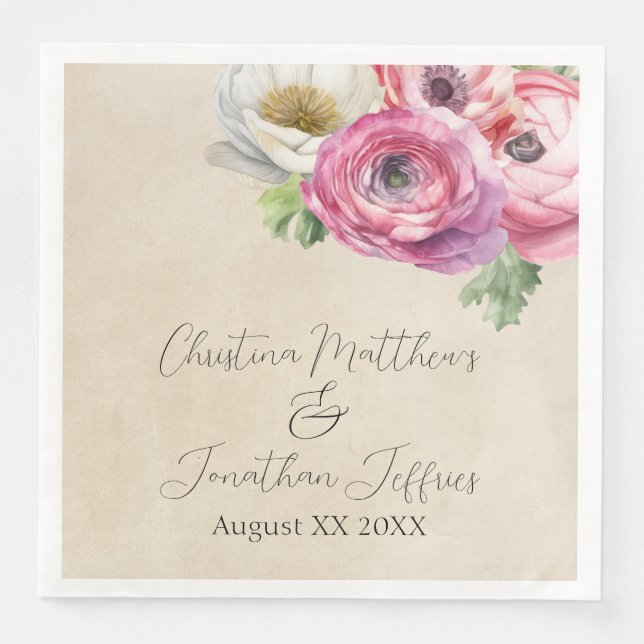 Romantic Rustic Pink & White Ranunculus Napkin (Front)