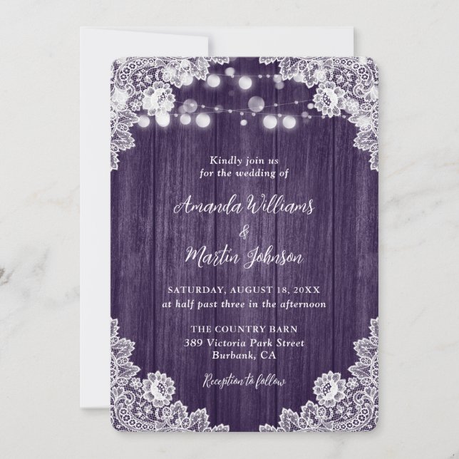 Romantic Rustic Purple Wood Lace Wedding Invitation (Front)