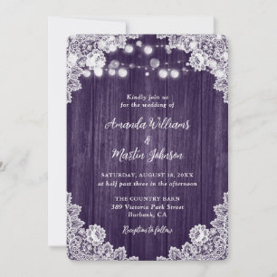 Romantic Rustic Purple Wood Lace Wedding Invitation