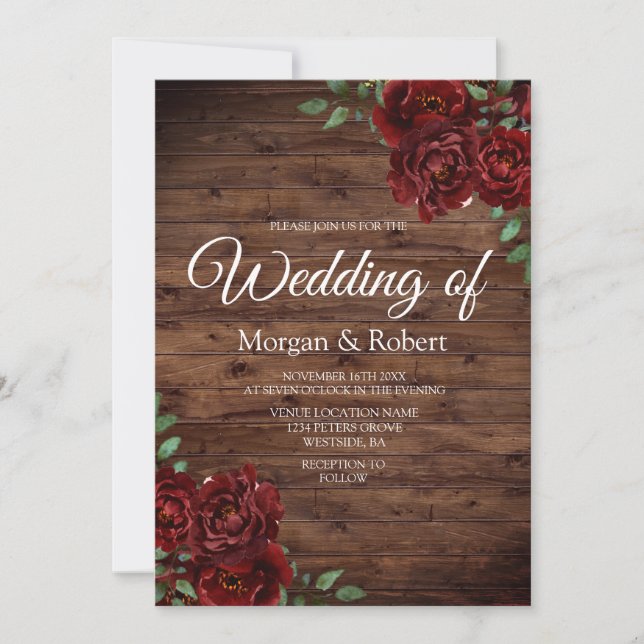 Romantic Rustic Red Rose Wedding Invitation (Front)