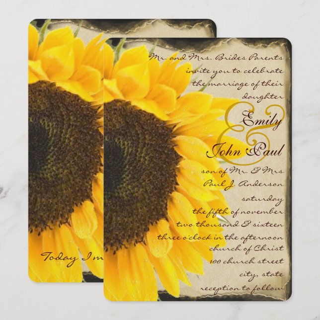 Romantic Rustic Sunflower Wedding Invitation (Front/Back)