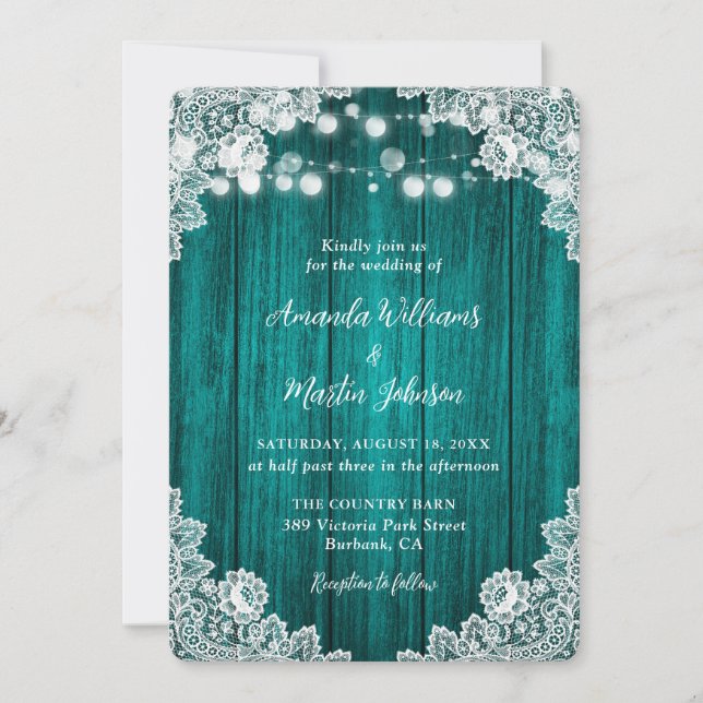 Romantic Rustic Teal Wood Lace Wedding Invitation (Front)