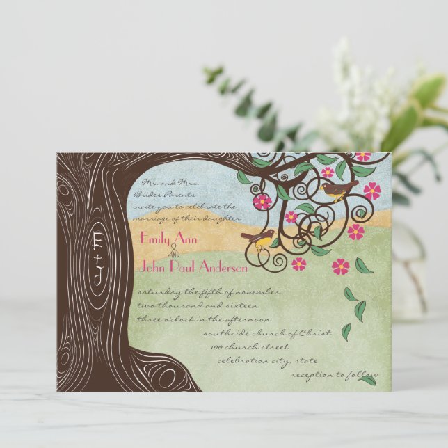 Romantic Rustic Tree Cherry Blossom Cute Lovebirds Invitation (Standing Front)