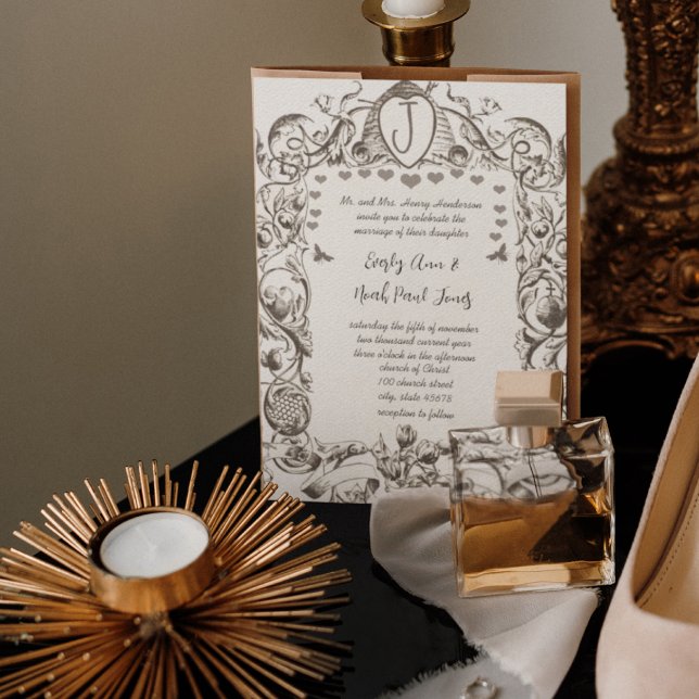 Romantic Rustic Vintage Bee Hive Scrolled Flowers Invitation (Creator Uploaded)