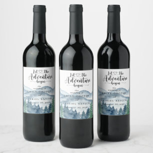 Romantic Rustic Watercolor Mountains Tree Wedding Wine Label