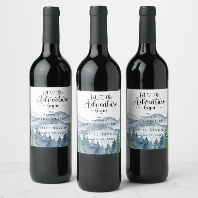 Romantic Rustic Watercolor Mountains Tree Wedding Wine Label (Bottles)
