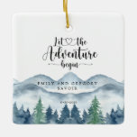Romantic Rustic Watercolor Mountains Trees Wedding Ceramic Ornament<br><div class="desc">Lush watercolor in blues and greens mountain forest themed wedding ornament for your wedding memories. Let the adventure begin!</div>