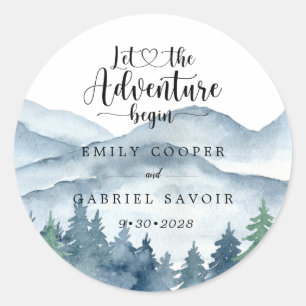 Romantic Rustic Watercolor Mountains Trees Wedding Classic Round Sticker