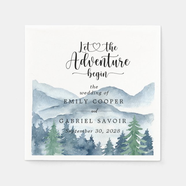 Romantic Rustic Watercolor Mountains Trees Wedding Napkin (Front)