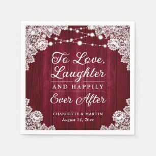 Romantic Rustic Wood Lace Burgundy Wedding Napkins