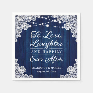 Romantic Rustic Wood Lace Navy Blue Wedding Napkin