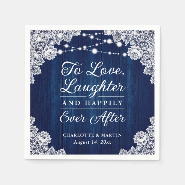 Romantic Rustic Wood Lace Navy Blue Wedding Napkin (Front)