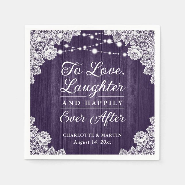 Romantic Rustic Wood Lace Purple Wedding Napkin (Front)
