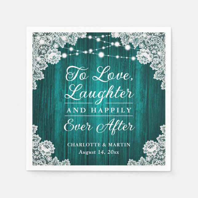 Romantic Rustic Wood Lace Teal Wedding Napkins (Front)