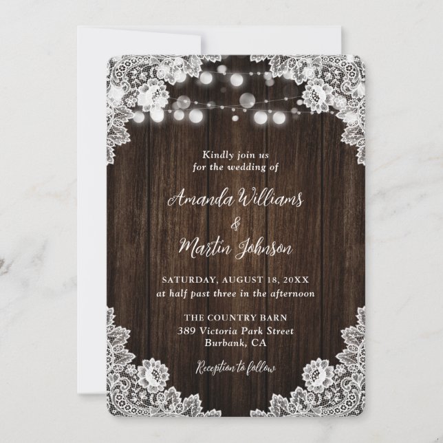 Romantic Rustic Wood Lace Wedding Invitations (Front)