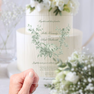 Romantic Sage Floral Wreath w/Lovebirds Wedding Acrylic Invitations