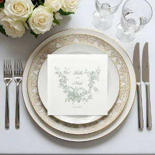 Romantic Sage Floral Wreath w/Lovebirds Wedding Napkin