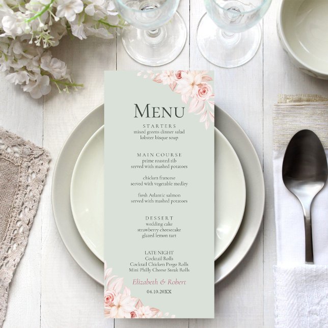 Romantic Sage Green and Pink Roses Wedding Menu (Romantic Beige and Pink Roses Wedding Menu on an elegant wedding table with flowers)