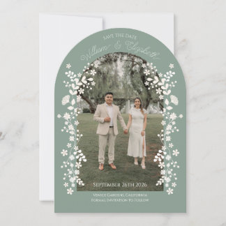 Romantic Sage Green Floral Arch Save the Date Invitation