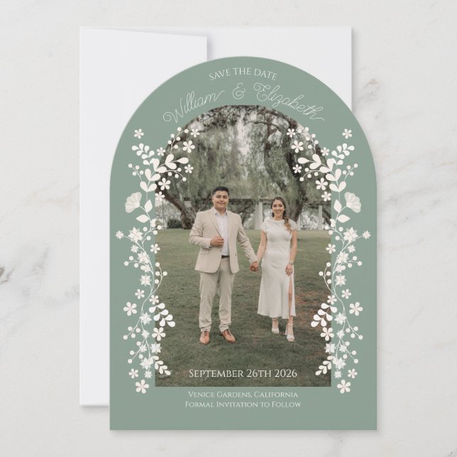 Romantic Sage Green Floral Arch Save the Date Invitation (Front)
