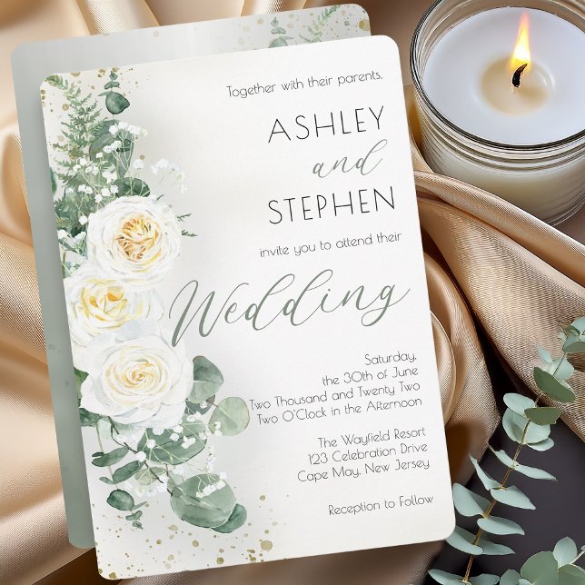 Romantic Sage Green Floral Wedding Invitation (Soft romantic sage green wedding invitation with white rose bouquet and botanical greenery design)