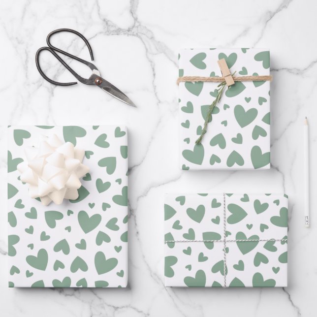 Romantic Sage Green Love Hearts  Wrapping Paper Sheet (Front)