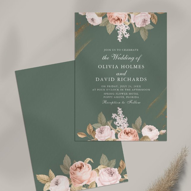 Romantic Sage Green Peony Wedding Invitation (Romantic Sage Green Peony Wedding Invitation on table)