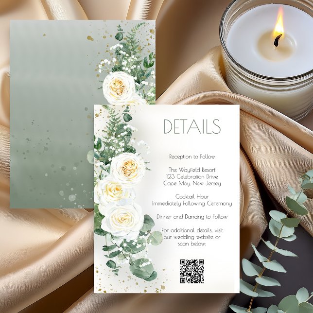 Romantic Sage Green Wedding Details Card (Romantic sage green wedding details card with floral greenery design displaying reception and event )