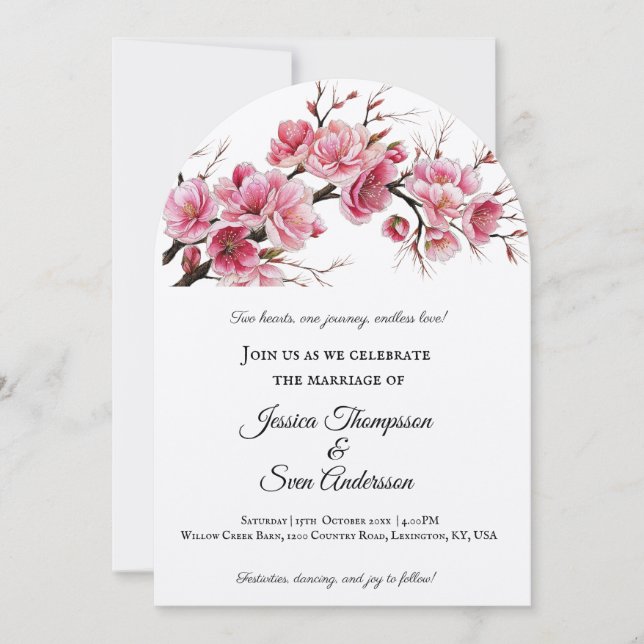 Romantic Sakura cherry Flowers Bloom Wedding Invitation (Front)