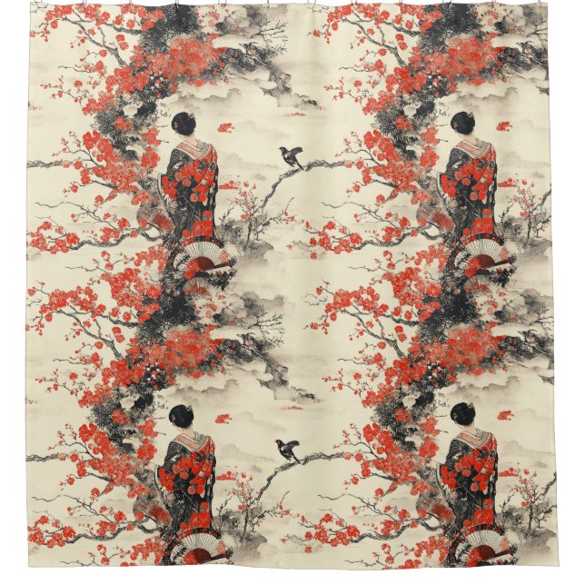 Romantic Sakura Kimono Couple Pattern (2) Shower Curtain (Front)