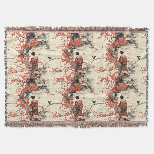 Romantic Sakura Kimono Couple Pattern (2) Throw Blanket (Front)