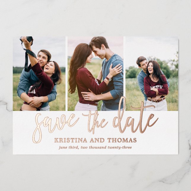 Romantic Script 3 Photo Collage Save The Date (Front)