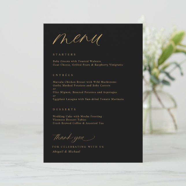 Romantic Script Black and Gold Wedding Menu (Standing Front)