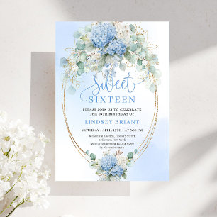 Romantic Script Blue Floral Eucalyptus Sweet 16 Invitation